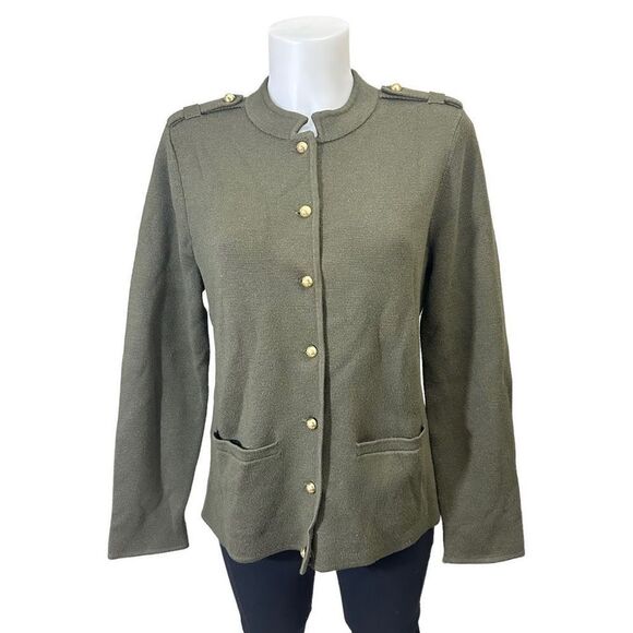 TALBOTS 100% Merino Wool Olive Green Button Down Knit Cardigan Coat size‎ medium - Picture 1 of 10